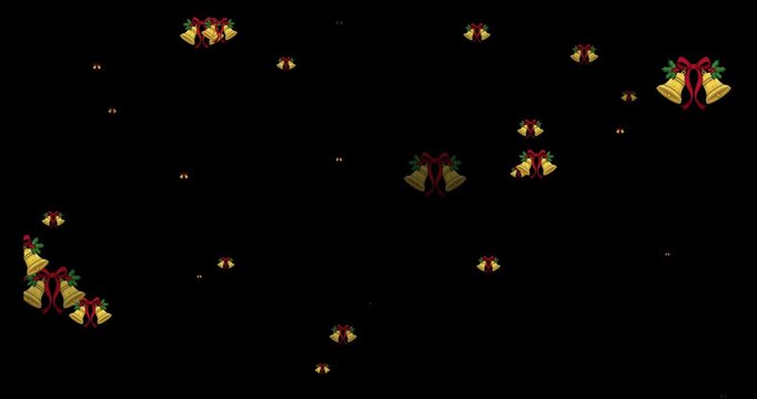 Golden christmas bells with red bows floating on black background adorned with ribbons