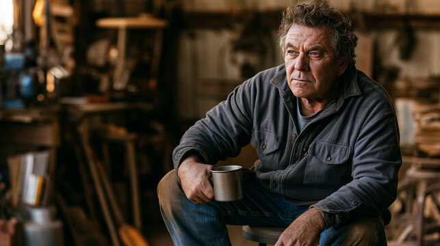 Old man sitting in workshop holding metal mug