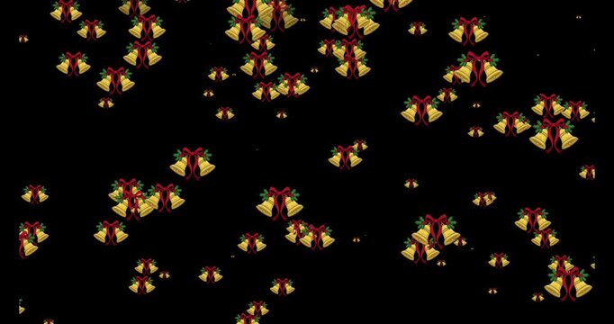 Golden christmas bells descending from top on black background a festive displaying