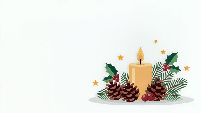 Minimalist Christmas candle burning with pinecones vector animation