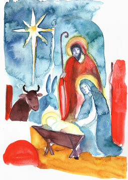 Holy Family at the Manger Under Christmas Star, Expressive Hand-Painted Watercolor