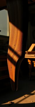 Sculpted wood, workshop shadows dance across a cabriole leg's sinuous curve, caught in a dramatic dutch angle, hinting at forgotten elegance,  dramatic lighting,  workshop