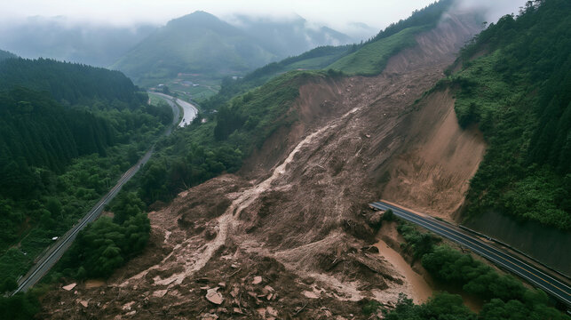 Landslide covers mountain road with mud and debris
