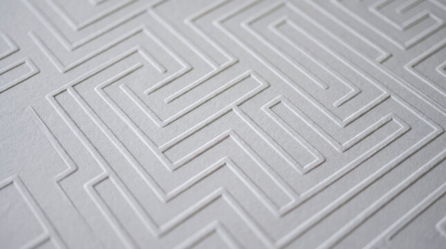 Minimal white geometric maze pattern creating a modern textured background.