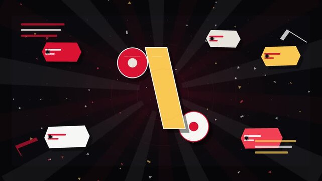 Percentage symbol floating in animated digital space with vibrant price tags and abstract geometric motion graphics for advertising sales video