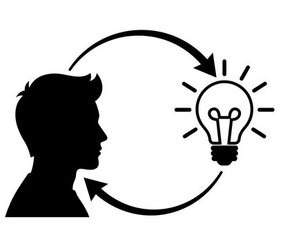 Black silhouette icon showing a person and a lightbulb connected by a circular arrow with innovation creativity thinking silhouette lightbulb brainstorming