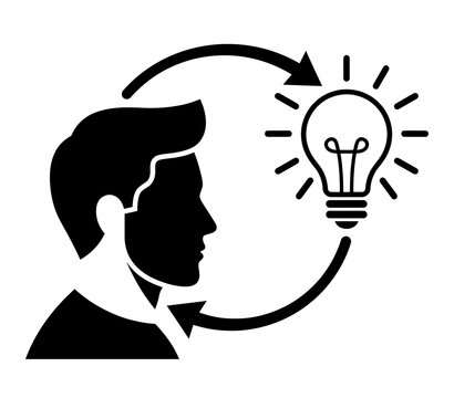 Black silhouette icon of a person head connected to a glowing lightbulb with a cycle arrow innovation creativity thinking silhouette lightbulb brainstorming