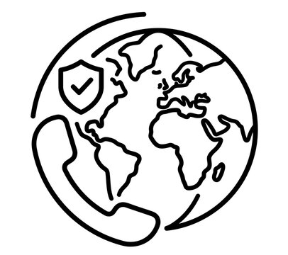 Global customer support and secure communication icon on planet earth with telephone handset security shield check mark international service secure connection