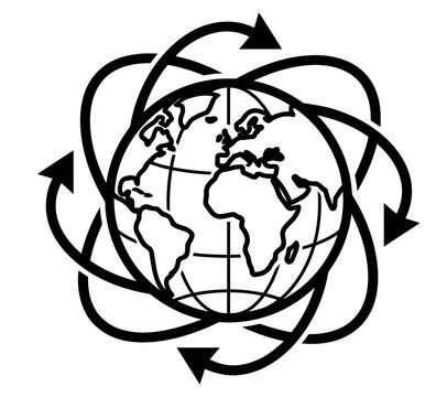 Global logistics and international shipping concept with circling arrows planet earth delivery service supply chain worldwide distribution import export line art