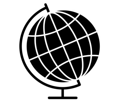 Minimalist black and white globe on a stand icon representing earth with geography education international continent research exploration academic learning