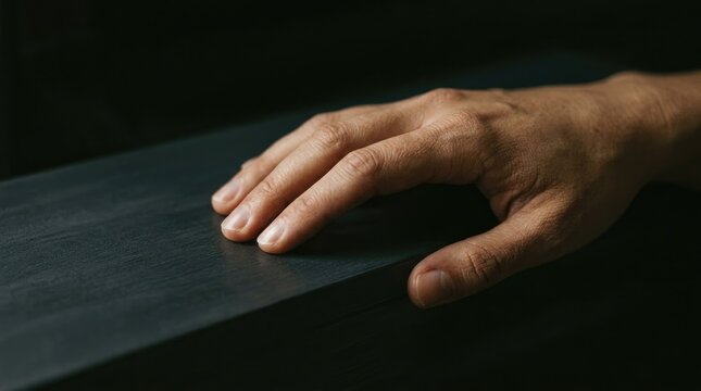 Close up of a hand using a laptop trackpad in low light