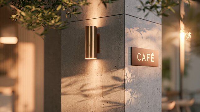 Close up of a modern cafe sign and illuminated wall lamp on a stone pillar