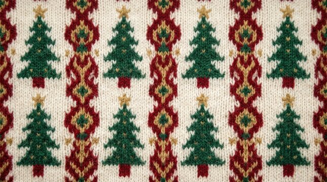 Vintage christmas fabric pattern with repeating trees and ornamental designs