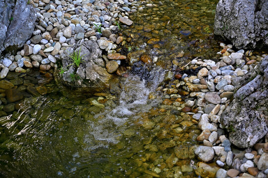 Trickling garden stream flowing over pebbles and rocks