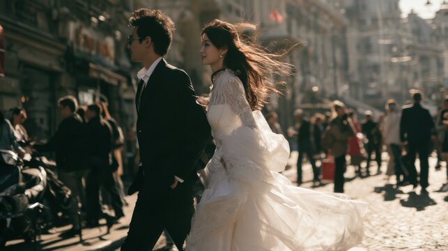 Young asian bridal couple walking together on a sunny city street