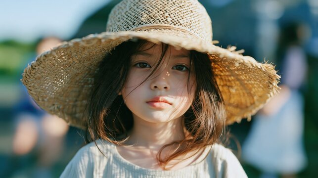 Portrait of a cute little asian girl wearing a straw hat in the sun