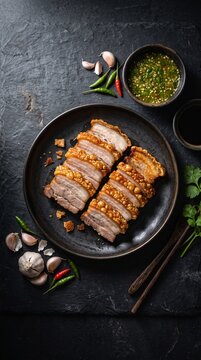 Thai crispy pork belly moo krob flat lay with green chili sauce and fresh garlic on dark slate, dramatic fine dining concept
