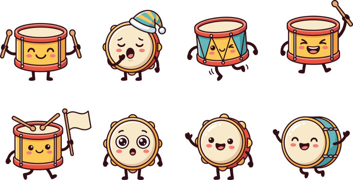 Collection of cute kawaii toy drum characters showing diverse emotions waving flags and wearing nightcaps