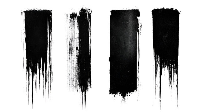 Set of vertical ink stamp texture with dripping ink in brushing creating dirty grunge brush. Letter press vintage rough rectangle shape with abstract textures. Linocut irregular textured 