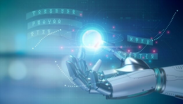 Robot hand holding glowing futuristic digital sphere