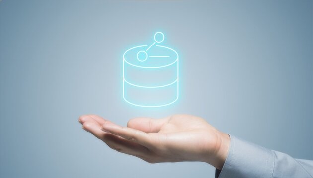 Hand holding glowing digital database sharing icon