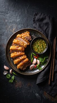 Thai crispy pork belly moo krob flat lay with green chili sauce and fresh garlic on dark slate, dramatic fine dining concept
