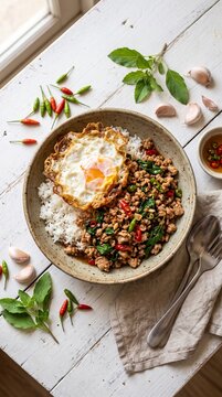 Pad krapow basil stir fry with crispy fried egg flat lay over jasmine rice, holy basil and chilies, casual warm Thai comfort food concept
