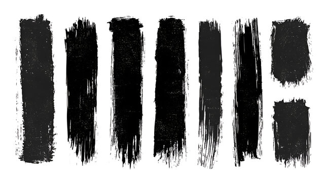 Set of vertical rolled ink rubber stamp black texture with brayer. Square shape of. letter press grunge vintage rough . Linocut irregular relief printing brush illustration on white background