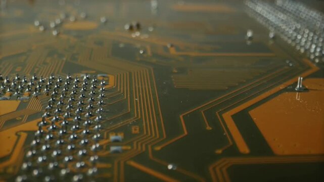A close-up video of a computer circuit board with intricate wiring