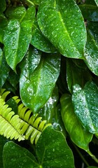 Fresh green philodendron leaves covered with fresh water droplets after rain, Rain drops on leaves © karisna asmr2