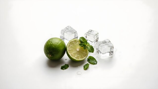 Fresh Lime, Mint Leaves and Ice Cubes Close Up, Refreshing Citrus Ingredients for Summer Drinks, Cocktail, Mocktail, Beverage, Food and Hospitality Concept