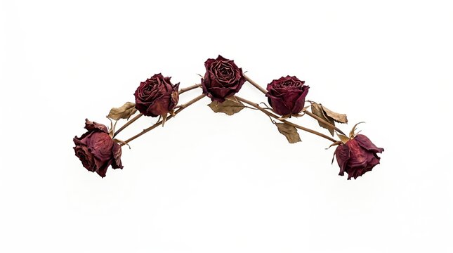 A beautiful arrangement of four dried dark red rose flowers forming a gentle arch on a solid clean white background