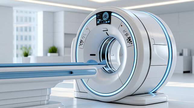 Medical CT or MRI or PET scan standing in modern hospital laboratory, technologically advanced and functional medical equipment in clean white room, vertical, with copy space