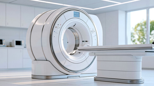 Medical CT or MRI or PET scan standing in modern hospital laboratory, technologically advanced and functional medical equipment in clean white room, vertical, with copy space