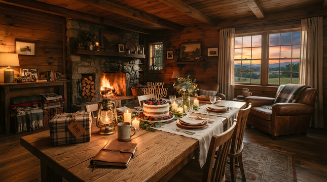 Birthday table inside rustic cabin