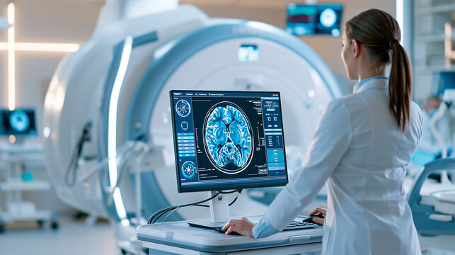 Ukraine medical computed tomography or MRI scanner, back view of computer, doctor room, making MRI, specialists working in clinic, concept of modern diagnostics, with copy space
