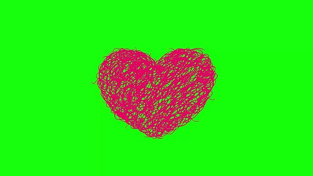 Heart linear red pink cartoon animation greenbox isolated. Happy valentyne's day crazy doodle shaking symbol cartoon animation of wool cotton thread strand.