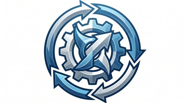 Blue gear and arrow circular refresh icon vector set. Technology, software, system update, repair, maintenance, reload, data restore, download, processing symbol. Business and engineering logo