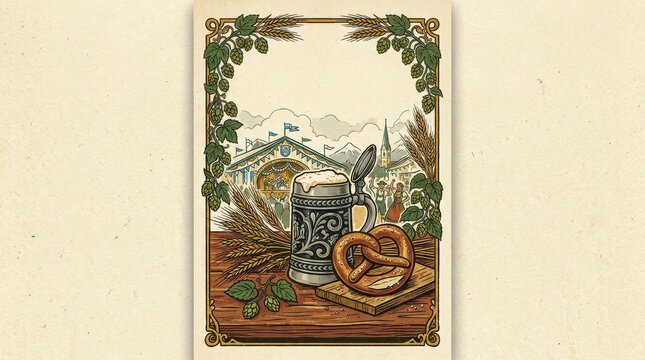 Festive oktoberfest celebration showcasing beer stein pretzel surrounded by lively decorations