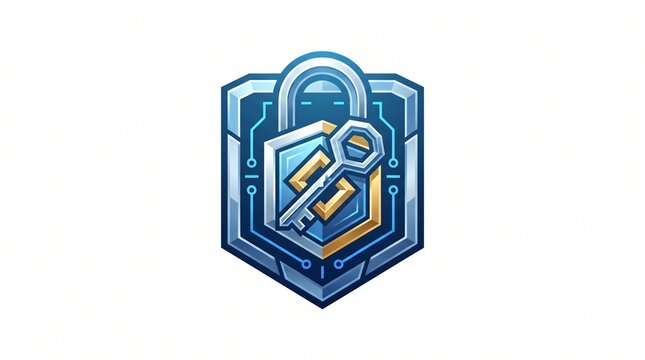 Cybersecurity shield icon with padlock and key, digital protection emblem, blue metallic security logo for data safety