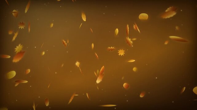 Golden autumn leaves falling swirl background 4k loop. Autumn leaf storm floating golden bokeh warm foliage background