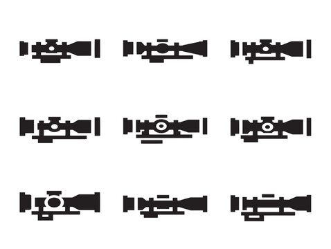 Set of three minimalist sniper rifle scope crosshair reticles in solid black vector outline icons