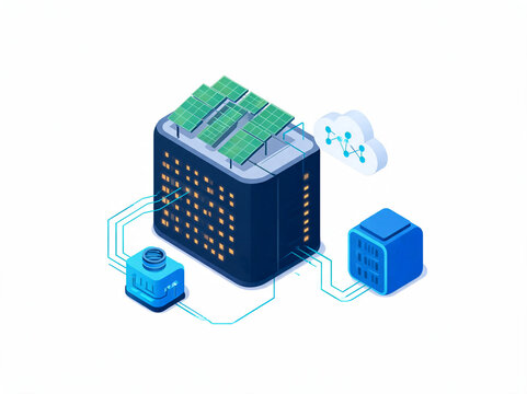 Isometric 3D green data center connected to cloud storage database and iot sensors with solar panel on roof for sustainable cloud computing banner.