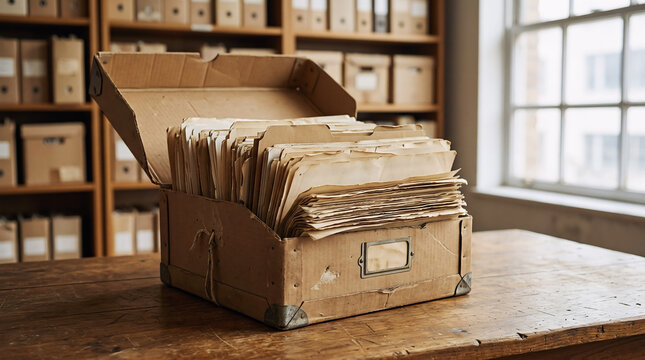 Vintage cardboard storage box filled with stacks of old paper documents resting