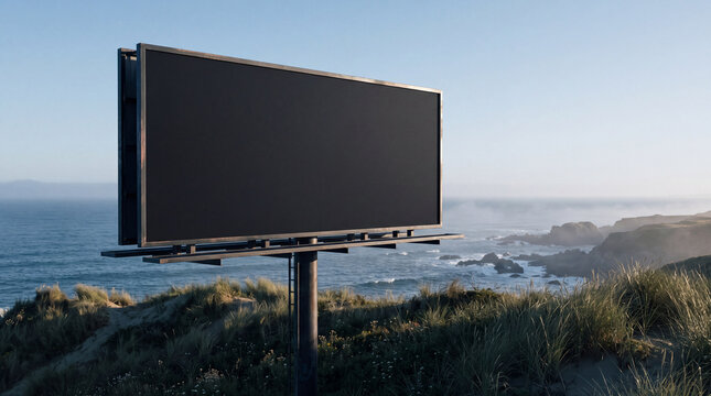 Blank roadside billboard overlooking a rugged ocean coastline, sandy dunes, sea cliffs, and rolling waves under a clear blue sky in natural daylight