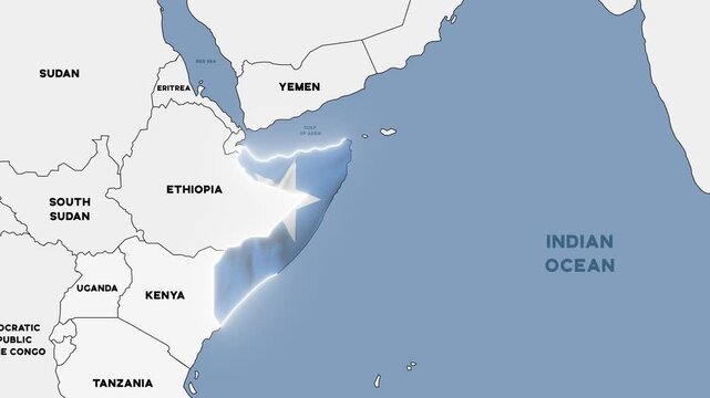 4K animation of a political map of Somalia highlighted with the colors of the Somali national flag