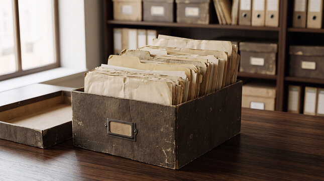 Old cardboard archive box with organized documents sitting on a wooden desk in a library