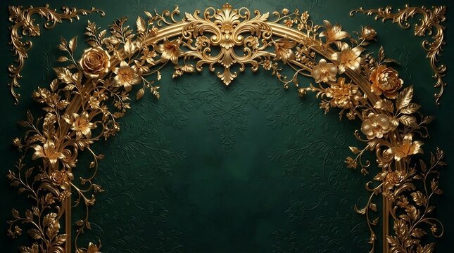 Ornate golden floral archway with intricate rococo detailing and deep green background