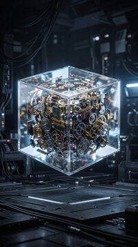A complex mechanical clockwork mechanism inside a floating transparent glass cube.