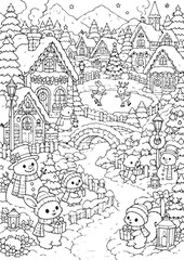 Fototapeta premium Festive Snow Village with Ice Skating Bunny and Reindeer Coloring Page